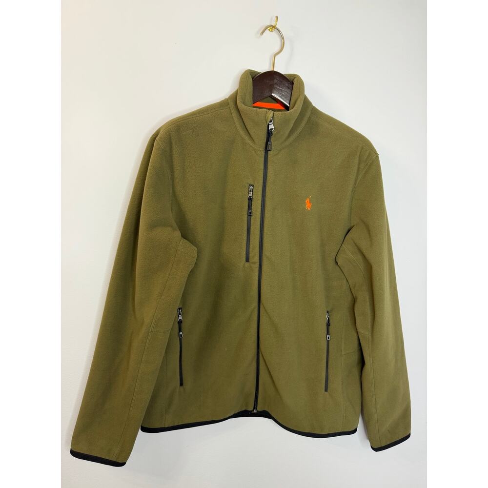 Polo Ralph Lauren Performance Olive Green Fleece Jacket Zip Orange Pony Men's M - Picture 3 of 10